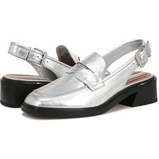 Damen - Silbrig Loafers Franco Sarto Giada Slingback Loafer Heel Shoes Silver Faux Leather Square Toe, Stacked Heels Silver Faux Leather