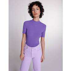 Clothing Maje Womens Violets Logo-patch Short-sleeve Stretch-knitted top