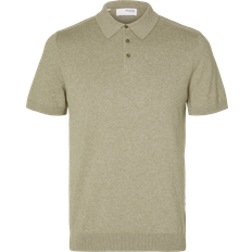 Bruin Polo's Selected Poloshirt Met Korte Knoopsluiting - Olijfgroen Gemêleerd