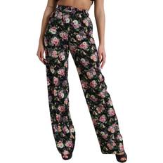 One Size Bukser Dolce & Gabbana Black Floral Wool High Waist Wide Leg Pants IT40