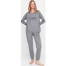 Unterwäsche Trendyol Collection Anthrazitfarbenes Motto-T-Shirt-Jogger-Strickpyjama-Set THMAW21PT0497