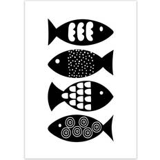 and White Scandi Fish Graphic Print on Paper