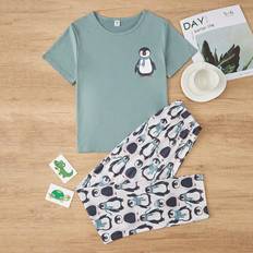 Polyester Pyjamasar Barnkläder Shein Teen Girls' Penguin Patterned Pajama Set