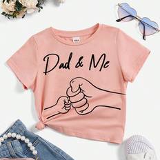 Shein Little Girls' Short Sleeve T-shirt With Lettering And Hand Gesture Print, Perfect For Summer