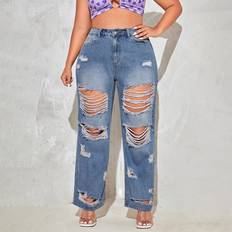 4XL - Women Jeans Shein Plus High Waist Ripped Wide Leg Jeans