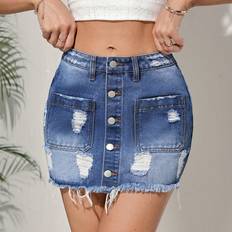 Modal - Women Skirts Shein Ladies' Sexy Distressed Denim Mini Skirt In Blue, Ideal For Beach Vacation And Casual Wear