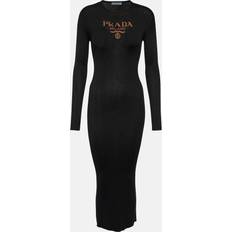 Prada Klänningar Prada Logo ribbed-knit silk midi dress black