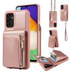 Wallet Cases ELEHOLD Zipper Wallet Case for Samsung Galaxy A13 4G Premium Leather with Organ Card Holders Zipper Purse Stand Function Detachable Long & Short Strap Crossbody Luxury Case