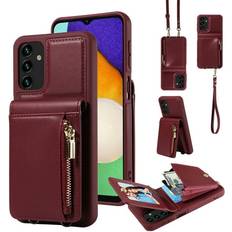 Wallet Cases ELEHOLD Zipper Wallet Case for Samsung Galaxy A13 4G Premium Leather with Organ Card Holders Zipper Purse Stand Function Detachable Long & Short Strap Crossbody Luxury Case Winered