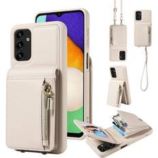 Wallet Cases ELEHOLD Zipper Wallet Case for Samsung Galaxy A13 4G Premium Leather with Organ Card Holders Zipper Purse Stand Function Detachable Long & Short Strap Crossbody Luxury Case White