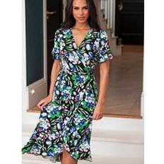 Pour Moi Megan Slinky Jersey Frill Detail Wrap Dress Black/Multi, Black/Multi, 18, Women Print