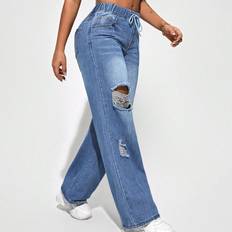 Natural Jeans Shein Drawstring Elastic Waist Ripped Straight Leg Jeans