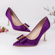 Purple - Women Heels & Pumps Shein Chain & Bow Decor Point Toe Heeled Court Pumps - Valentines