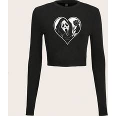 Shein Damen T-Shirts Shein Women's Heart Shaped Screaming Skull Print Long Sleeve Slim Fit T-Shirt