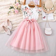 Ruffled dresses - Sleeveless Shein Tween Girl Floral Print Ruffle Trim Mesh Hem Belted Dress