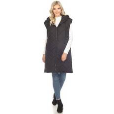 White Mark Women's Diamond Quilted Hooded Long Puffer Vest Jacket Black