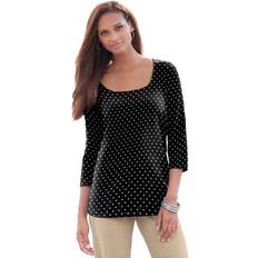 Jessica London Clothing Jessica London Plus Women's Scoop-Neck Tee in Black Ivory Dot Size 26/28 3/4 Sleeve Shirt