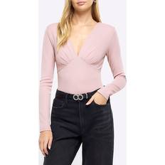 Pink - Women Bodysuits River Island Womens Pink Plunge Long Sleeve Bodysuit