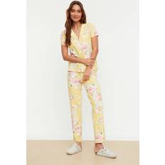 Gelb Schlafanzüge Trendyol Collection Damen Blumenmuster Gestrickte Pyjamas Pajama Set, Gelb