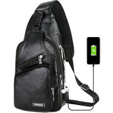 Men's Chest Bag Leather Chest Pack USB charging outdoor waterproof crossbody Bag With Headphone Hole Functional Travel Sling Bag Black