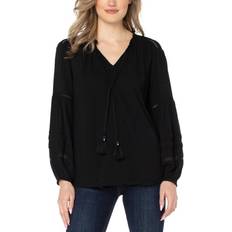 Viscose Blouses Women's Liverpool Los Angeles Popover Shirred Woven Long Sleeve Blouse Black