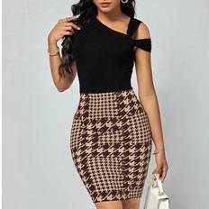 Slim Dresses Shein Houndstooth Print Asymmetrical Neck Bodycon Dress