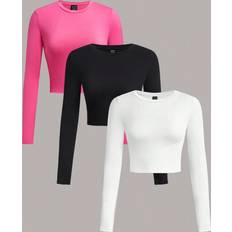 Shein 3pcs/Set Women's Slim Fit Casual Long Sleeve T-Shirt In Black, White And Pink Colors