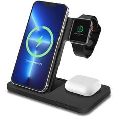 Apple watch iphone charger Mmobiel MMOBIEL Wireless Charging Station Compatible with iPhone, Apple Watch and AirPods – 3-in-1 Wireless Charger Stand 15W Compatible with Qi Magsafe Charging – Wireless Fast Charging Dock – Black