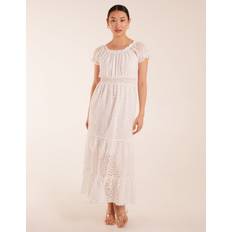 Long Dresses - White Blue Vanilla Broderie Anglaise Puff Sleeve Maxi Dress WHITE