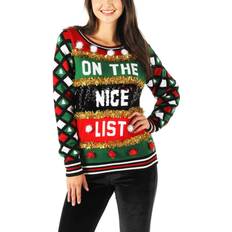 Christmas Sweaters - Green Tipsy Elves Women's Naughty or Nice Reversible Sequin Ugly Christmas Sweater