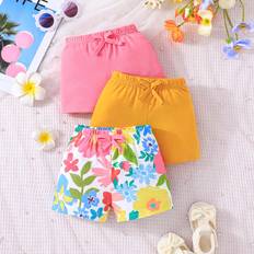 Shein 3pcs/Set Baby Girls' Romantic Floral Printed Top And Pure Colored Shorts