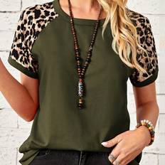 Leopard T-shirts Shein Leopard Print Raglan Short Sleeve Round Neck T-Shirt - Emery Rose