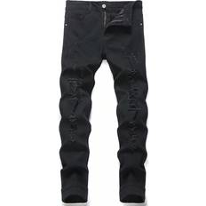Shein Men Cotton Slant Pocket Ripped Jeans - Black
