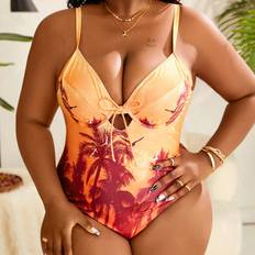 Multicoloured Swimsuits Shein Plus One Piece Swimsuit With Coconut Tree Printed And Knot Front Carnival