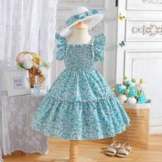 Boys - Green Dresses Shein Young Girls Floral Print Ruffle Hem Shirred Dress With Hat