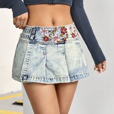 Modal - Short Skirts Shein Women'S Flower Embroidered Pleated Denim Mini Skirt