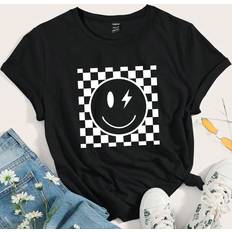 Checkered T-shirts Shein Women's Short Sleeve T-Shirt With Smiling Face And Checkerboard Pattern Graphic Tees - Women's