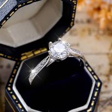 Shein 1pc Classic Pure Silver Six Prongs Round Cut Diamond Ring For Women, Engagement, Wedding, Anniversary, Promise Ring
