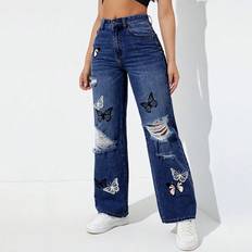 Natural Jeans Shein Butterfly Pattern Distressed Denim Jeans - Women's