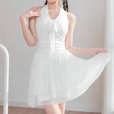 Shein Balletcore Sweet Lace-Up Bow Mesh Splice Halter Neck Two Layer Hem Mini Dress White Summer Dress