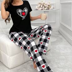 Shein Women Underwear Shein Women's Heart Print Checkered Pattern Short Sleeve Pajama Set