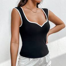 Shein L Tank Tops Shein Ladies' Black & White Contrast Edge Cap Sleeve Cropped Tank Top