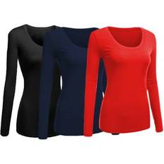 Clothing Emmalise Women Junior and Plus Basic Scoop Neck Tshirt Long Sleeve Tee 3Pk Black Navy Red