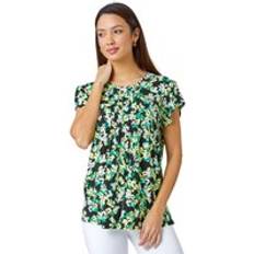 Shirt Collar - Women Blouses Roman Floral Print Pleat Detail Blouse Green