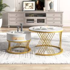 Abrihome White+Gold 2-in-1 Round MDF Coffee Table