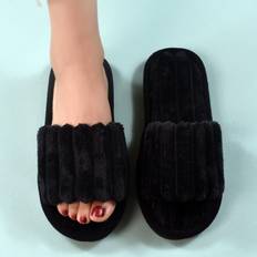 Shein Women Black Minimalist Fluffy Bedroom Slippers, Fashionable Open Toe Slippers