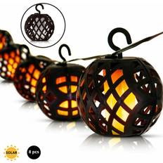 Geezy 8pc LED Solar Rattan Ball Flame Effect String Light Garden Lantern