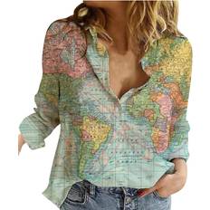 Long Blouses Long Sleeve Casual Shirts for Women Map Print Button Down V Neck Linen Tops 2023 Fashion Office Work Loose Fit Blouse