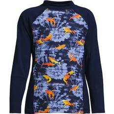 Lands' End Boy's Husky Mock Neck Long Sleeve UPF Swim Rash Guard - Deep Sea Navy Tie Dye Sharks