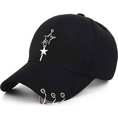 Caps Unisex Black Fitted Cap, K-pop Cap, Baseball Cap with Ring Chain, Metallic Cap, Unique Cap, Cap with Star